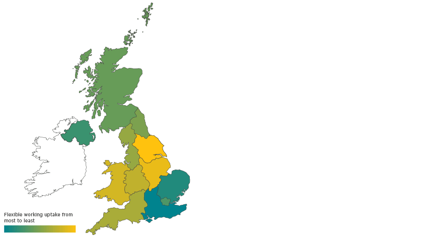 A map of the UK colour-coded to show flexible working uptake from most to least